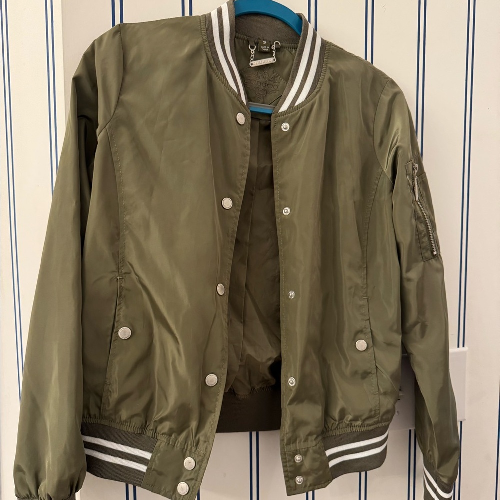 Jou Jou Khaki Bomber Jacket with Striped Accents